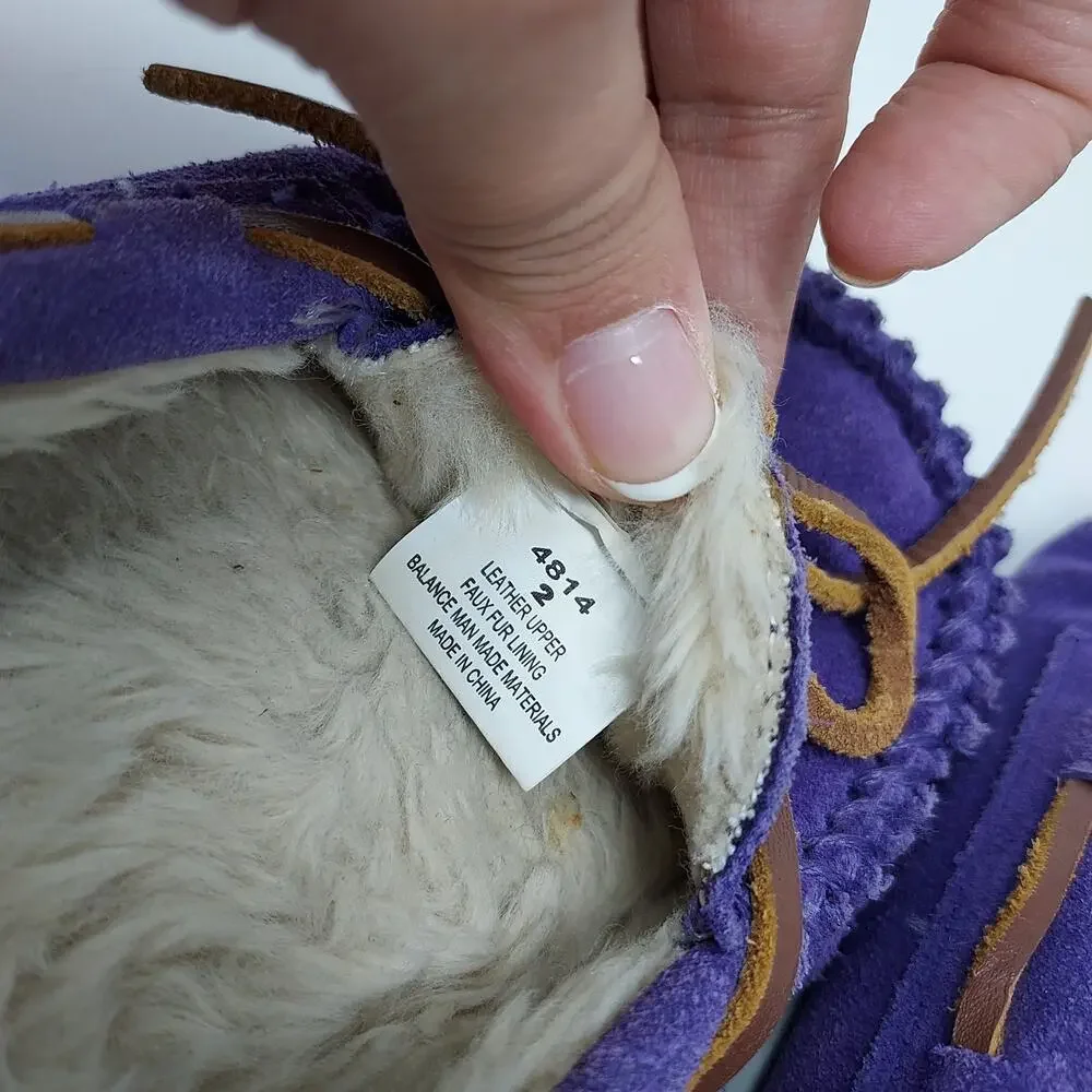 Minnetonka Purple Leather Moccasins Faux Fur Lining Size 2